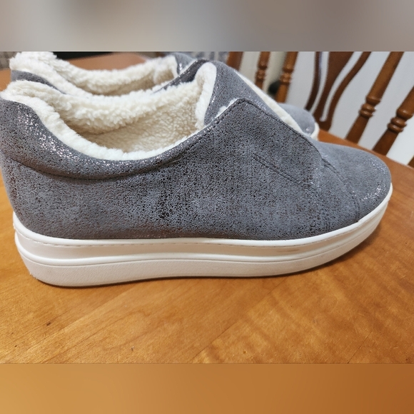 J/Slides Nada Pewter Metallic Suede Slip On Platform Shoes Faux Shearling Suede - Picture 3 of 11